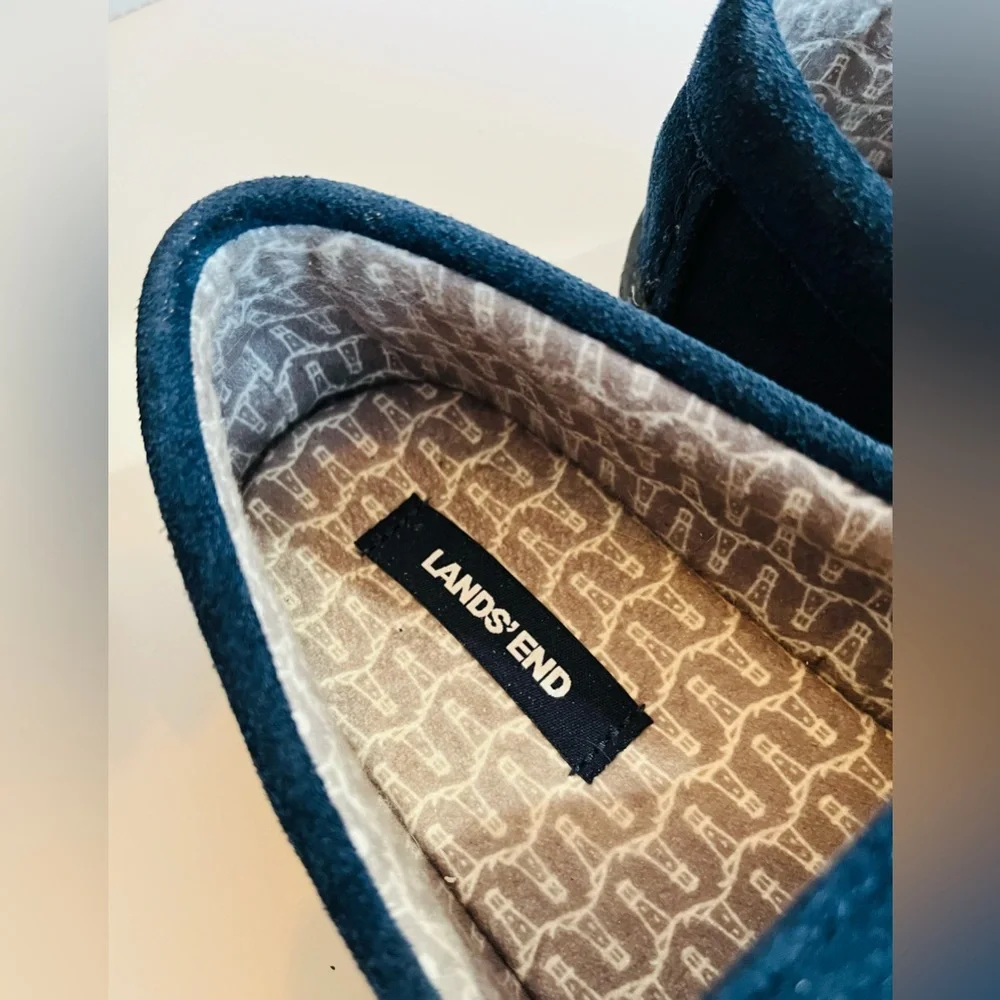 LAND’s END Men’s Moccasin Slippers Lined Printed Flannel Navy Blue Size 8B - Picture 2 of 12